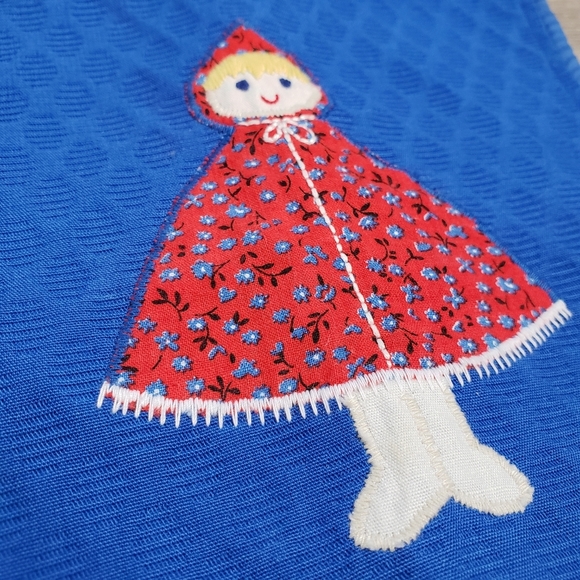 VINTAGE 1960s Pinafore Little Girl Applique Blue Jumper Dress Retro 3T - Picture 2 of 9